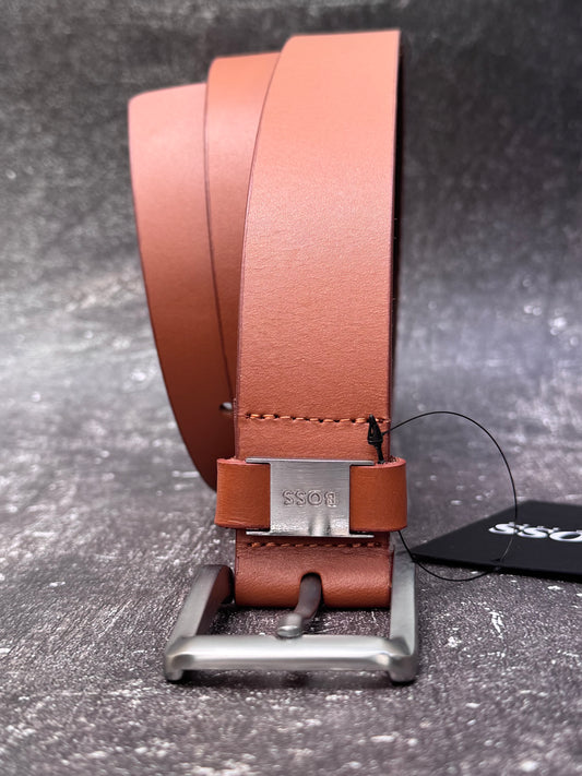 ITALIAN LEATHER BELT WITH LOGO KEEPER AND BRUSHED HARDWARE