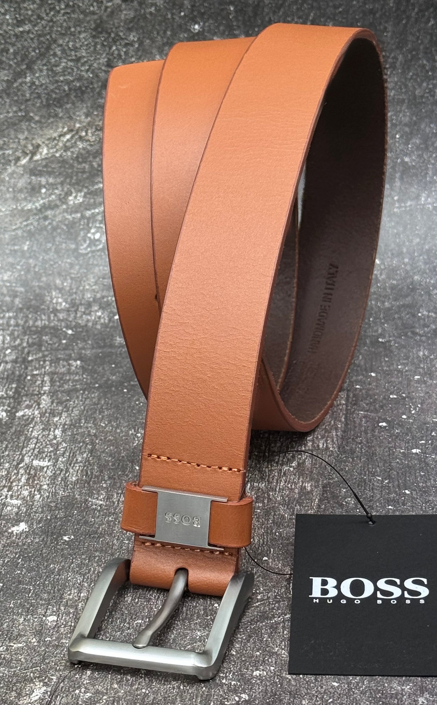 ITALIAN LEATHER BELT WITH LOGO KEEPER AND BRUSHED HARDWARE