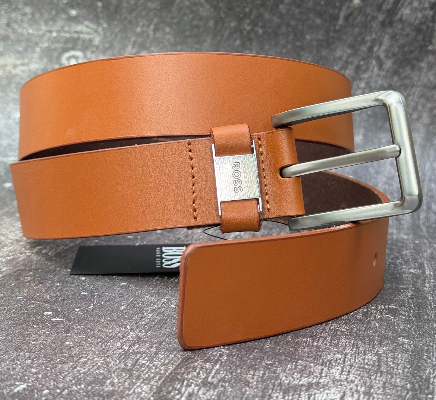 ITALIAN LEATHER BELT WITH LOGO KEEPER AND BRUSHED HARDWARE