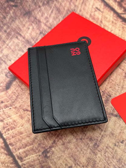 LEATHER CARD HOLDER WITH RED FOIL STACKED LOGO